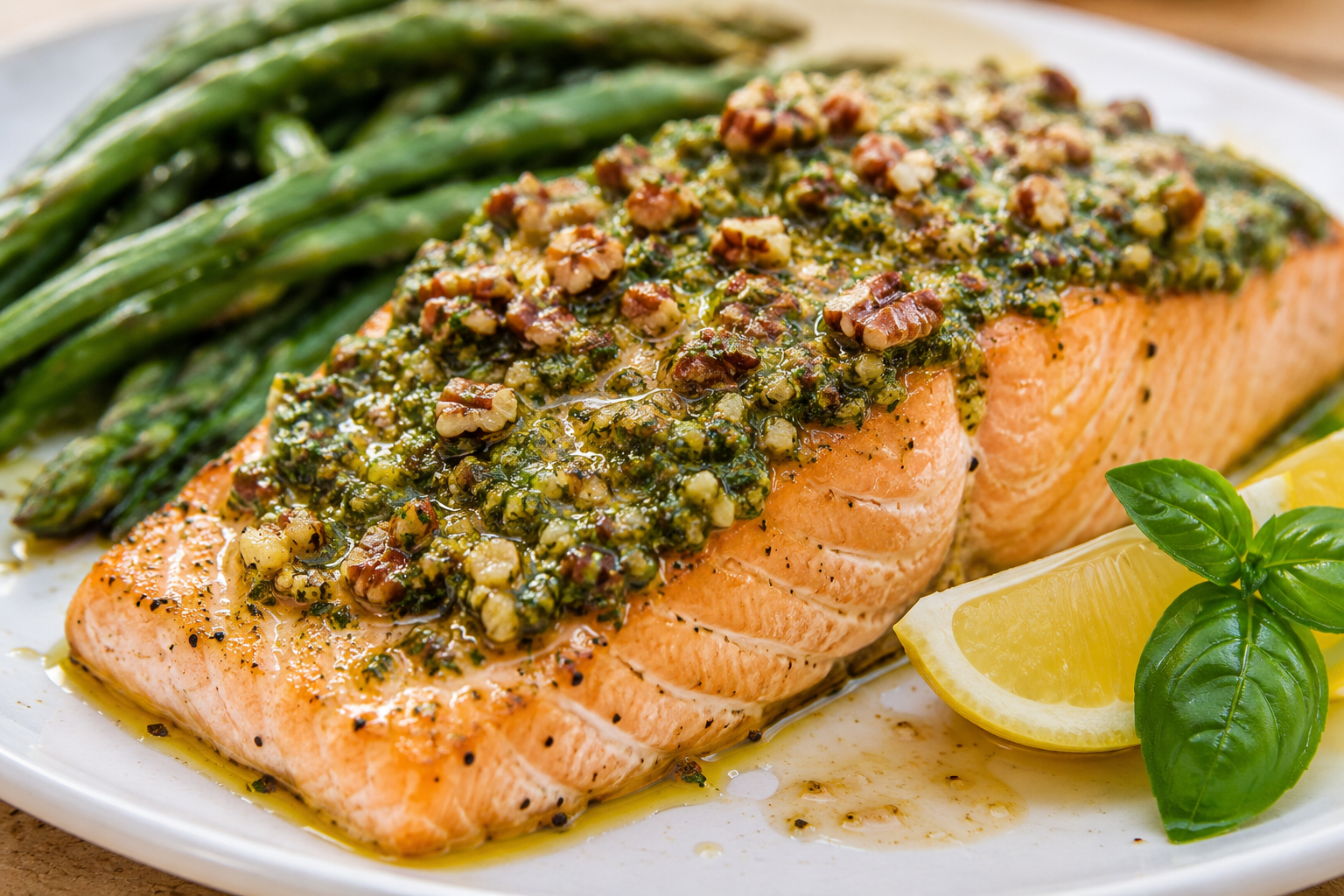 Baked Salmon with Texas Pecan Basil Pesto