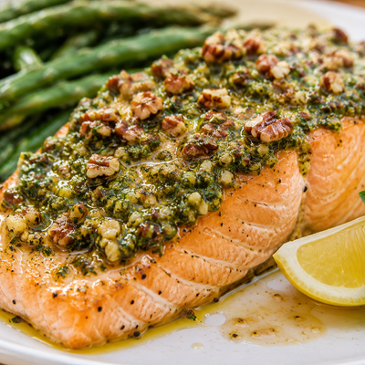 Baked Salmon with Texas Pecan Basil Pesto