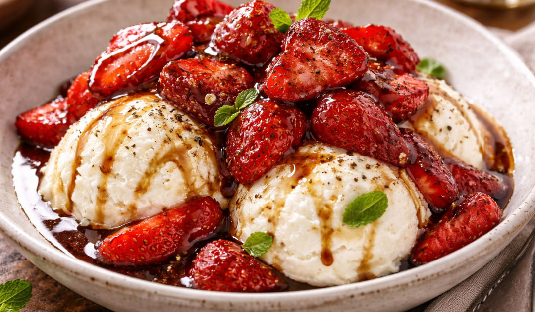 Bourbon Balsamic Strawberries with Vanilla Ice Cream
