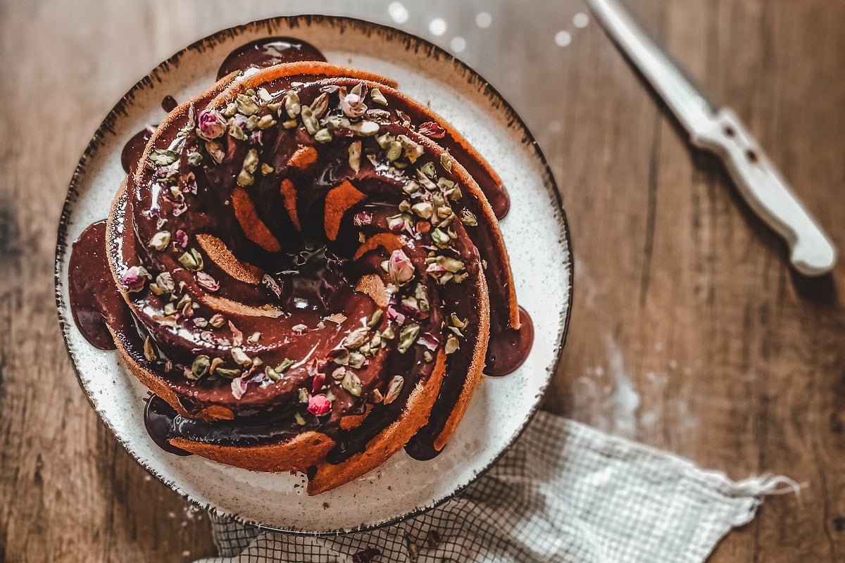 Chocolate Bundt Cake with Pomegranate Caramelized Pears - Texas Hill Country Olive Co.