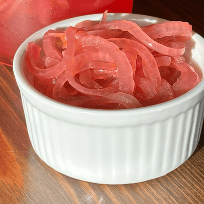 Harissa Pickled Onions with Prickly Pear Balsamic