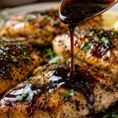 Lemon Olive Oil Chicken with Bourbon Balsamic Glaze