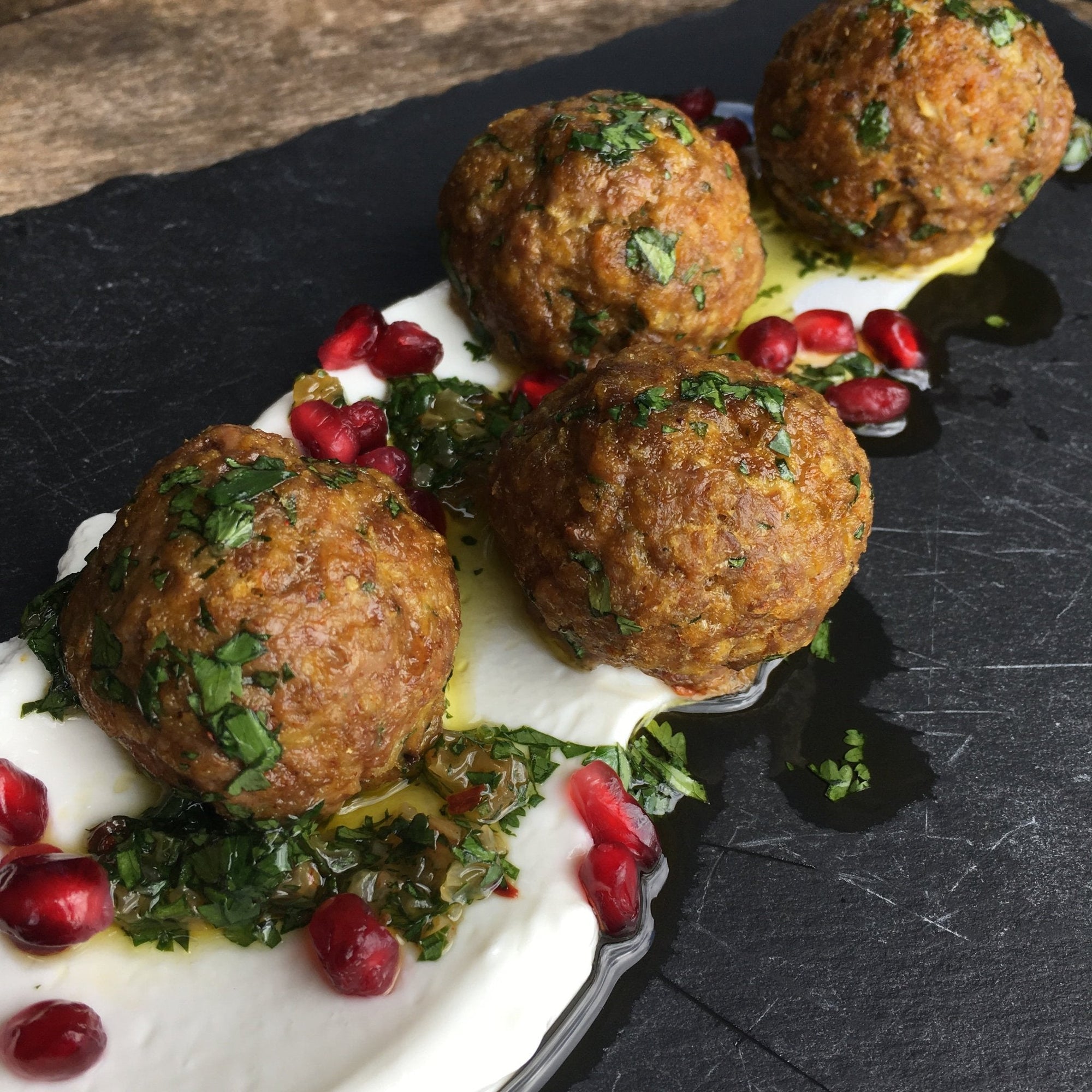 Moroccan Spiced Lamb Meatballs with Cilantro & Gold Raisin Chimichurri - Texas Hill Country Olive Co.