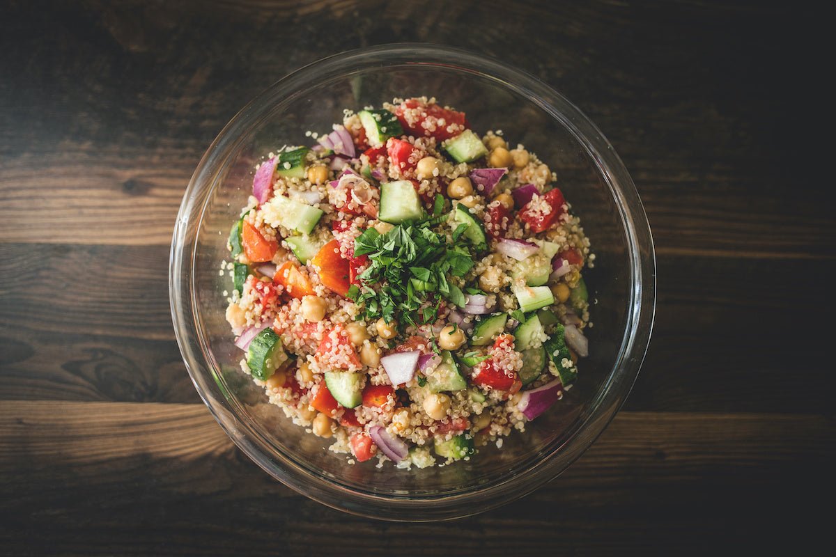 Olive Green "Greek" Quinoa Salad with Sweet Heat Vinaigrette - Texas Hill Country Olive Co.