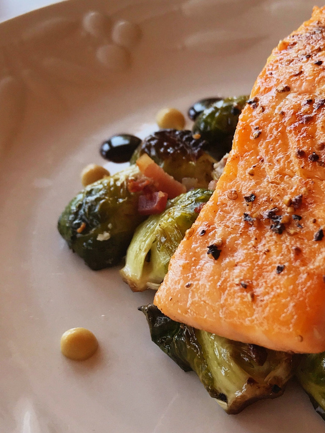 Pan Seared Salmon & Charred Brussels Sprouts with Fig Balsamic - Texas Hill Country Olive Co.