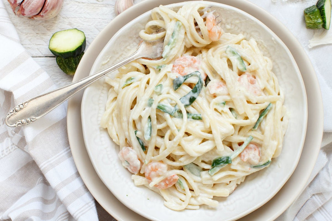 Zucchini Linguini with Shrimp and Creamy Garlic Sauce - Texas Hill Country Olive Co.