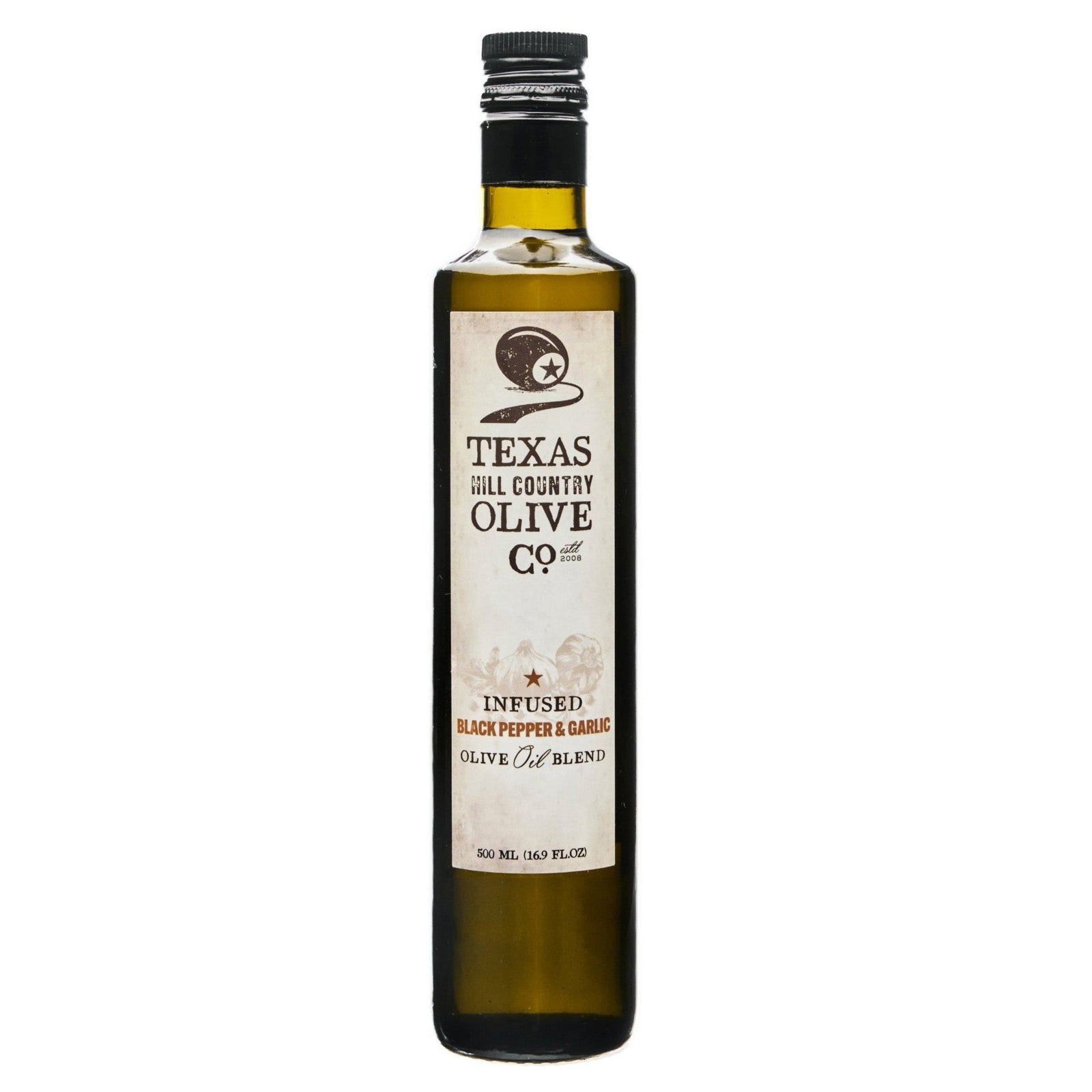 500 ml bottle of Black Pepper Garlic Infused Olive Oil