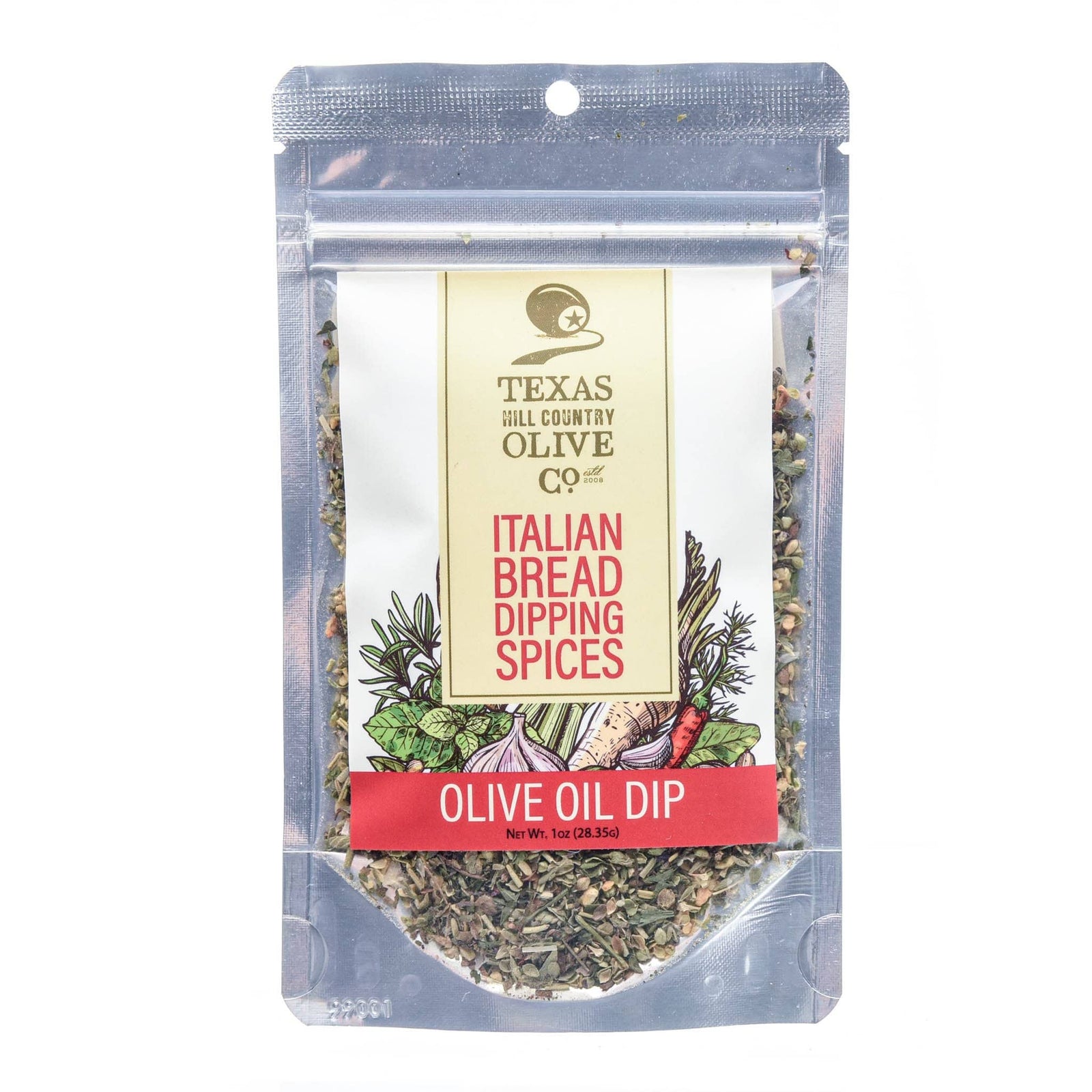 Packaged Italian bread dipping spices with Texas Hill Country Olive Co branding