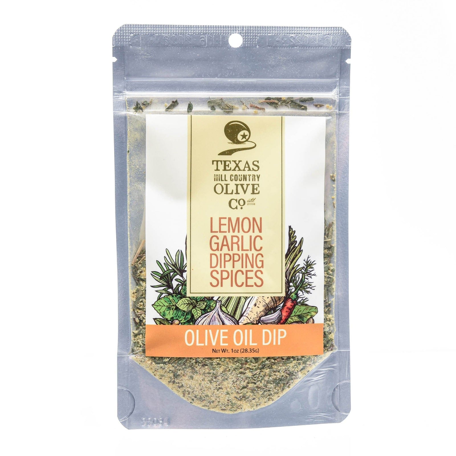 Packaged lemon garlic dipping spices with Texas Hill Country Olive Co branding