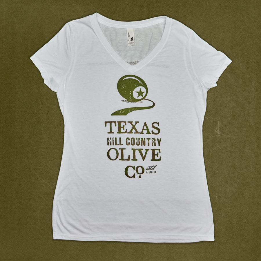 White THCOC Women's V Neck T-Shirt_Apparel_Texas Hill Country Olive Co.