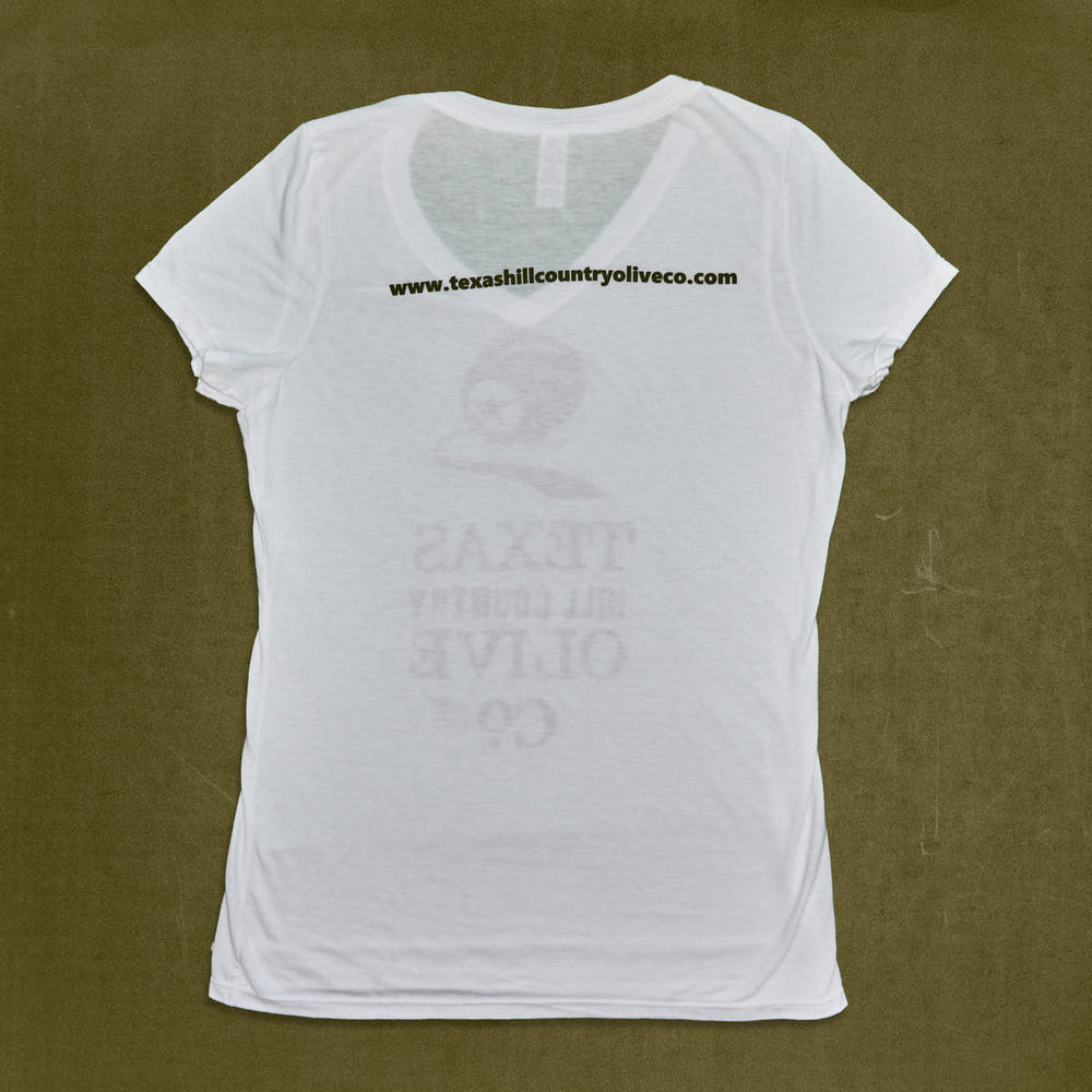 White THCOC Women's V Neck T-Shirt_Apparel_Texas Hill Country Olive Co.